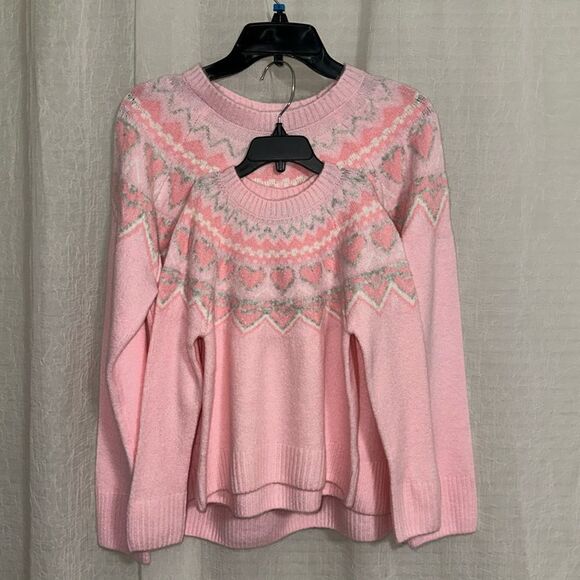CeCe Mommy & Me Crewneck Fair Isle Pink Hearts High Low Sweater Matching - Picture 1 of 14